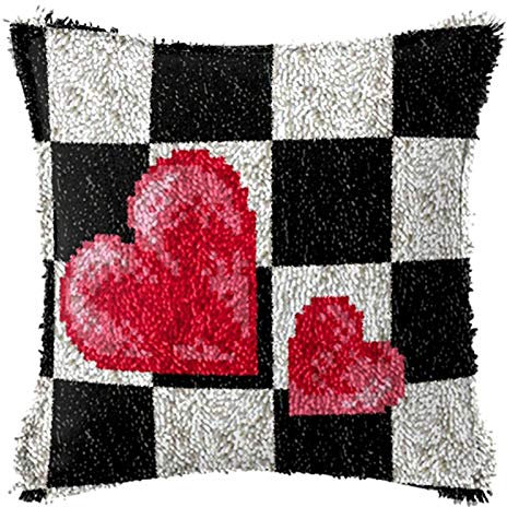 HuaHong Knüpfkissen Zum Selber Knüpfen, 43cm Kissenbezug Knüpfhaken Knüpfen Set, DIY Knüpfen Kissen für Kinder und Erwachsene (Color : Black White Heart)…