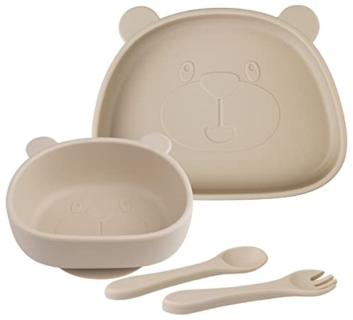 Set di 4 stoviglie in silicone per bambini, Piatto di aspirazione e ciotola con cucchiaio forchetta per l'autoalimentazione del bambino, BPA Free Lavastoviglie e Microonde Sicuro (Natural)