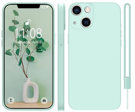 KPPIT for iPhone 13 Case Protective Case Silicone,Light Cyan,6.1 inch | With phone lanyard,Microfiber Lining,ltra Slim Soft Gel Anti-Scratch