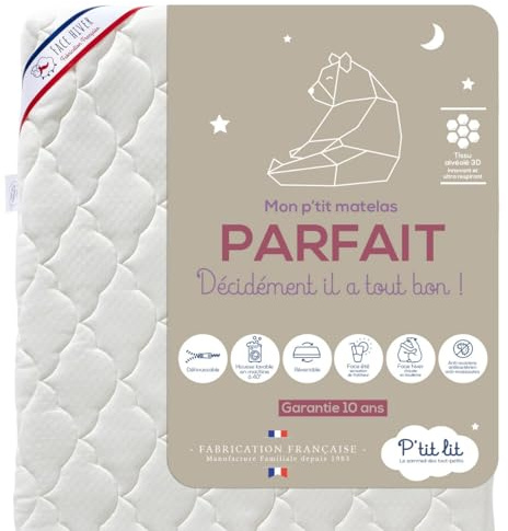 P'TIT LIT - Matelas Bébé Parfait - 60x120 cm - 2 Faces : Ultra Respirant l'Été/Chaud et Douillet l'hiver - Anti Acarien - Déhoussable - Oeko Tex® - Fabrication Française - EP. 10 cm