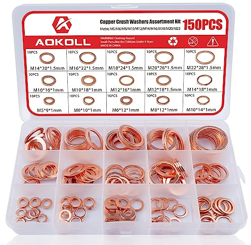 AOKOLL 150Pcs Copper Sealing Washers M22 M20 M18 M16 M14 M12 M10 M8 M6 M5 15 Size Crush Washers Assortment Kit (Copper)