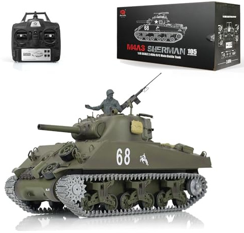 wheelfun Heng Long Carro armato radiocomandato 3898 RTR 2.4G 1/16 7.0 M4A3 Sherman con cingoli in metallo, torretta girevole a 340°, combattimento a infrarossi, TH17671-AMZUS2