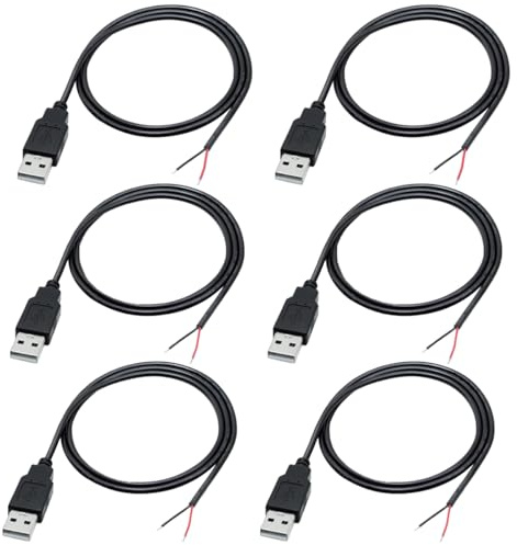 Greluma 6 Pièces Queue de cochon USB 22AWG, câble USB 2.0 à 2 fils, extrémité ouverte à fil nu à 2 broches, câble USB mâle de 1 m, câble d'alimentation à prise USB 12 V 3A, couleur noire