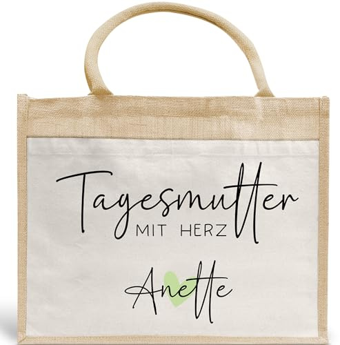 kleinebuchstaben Tagesmutter mit Herz Tasche mit Namen - kleines Geschenk - Dankeschön Juteasche Abschiedsgeschenk - Beste Tagesmutter mit Wunschtext