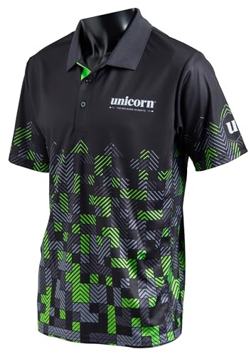 Unicorn Darts Shirt | Pro-Tech Digital | Cool Breathable Soft-Feel Micro Mesh 3-Tuk Polyester | Black & Green with White Text to Chest and Logo to Left Sleeve | Medium to fit Chest 39-41 inches
