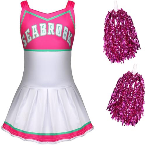 Windskids Addison Cheerleader Kostüm mit Pom Poms Fasching Mädchen Zombie High School Cheerleading Langarm Kleid und Kopfbedeckung Socken für Halloween Karneval Party Maskerade Verkleidung, 3-10 Jahre