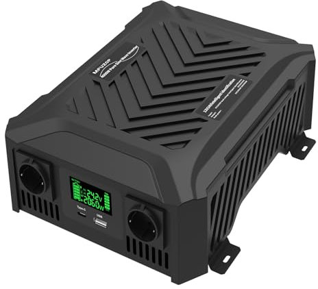 MFUZOP Dual-Voltage Wechselrichter 12V/24V auf 230V Reiner Sinus 1200W/2300W Spannungswandler 2000W/4000W Spitzenleistung mit intelligentem Erkennungssystem mit 2 EU Steckdose, 1 Type-C & 2.1A USB