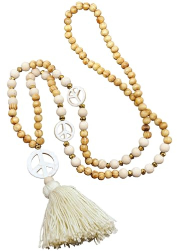 HhBdy lång kedja dam boho stil modesmycke kedja lång fashionabla accessoarer boho smycken dam halsband med tofs och träpärlor peace tecken hänge lång tröja elegant smyckestycke