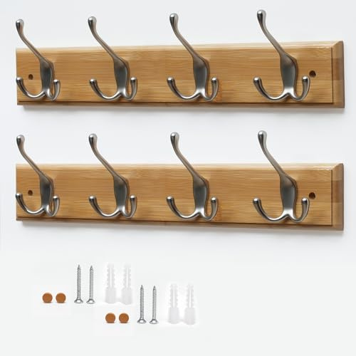 Flatro Coat Hooks Wall-Mounted (Pack of 2) Bamboo Coat Rack with 4 Triple Zinc Alloy Hooks to Hang Hats, Jackets, Bags, Keys, Towels | Best Suited for Home Entrances, Bedrooms, Bathrooms, Laundry Room