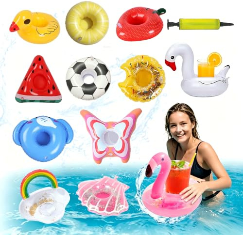 Shyllin 12 Piezas Soporte Inflable para Bebidas con 1 Bomba, Portabebidas Piscina,Portavaso Hinchable,Bandeja Flotante,para Fiestas en la Piscina, Playa, Hawaianas