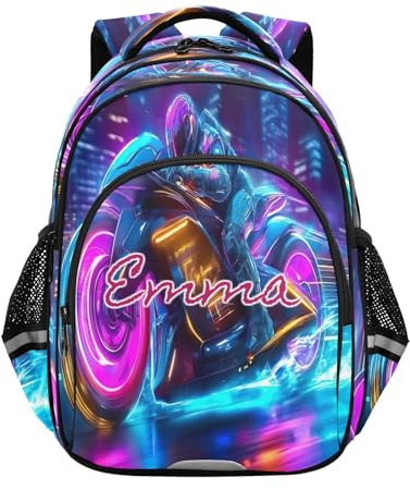 RPLIFE Sac à dos pour enfants avec nom personnalisé, sac à dos de moto fluo pour école primaire, Moto fluo, 17 Inch, Sacs à dos traditionnels