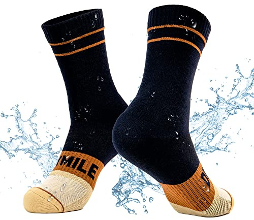 DRYMILE Mountain Waterproof Wool Socks, Breathable, Cushioned, Hiking, Skiing, Camping and All Winter Activities –Crew (X-Large, Black/Hazel)