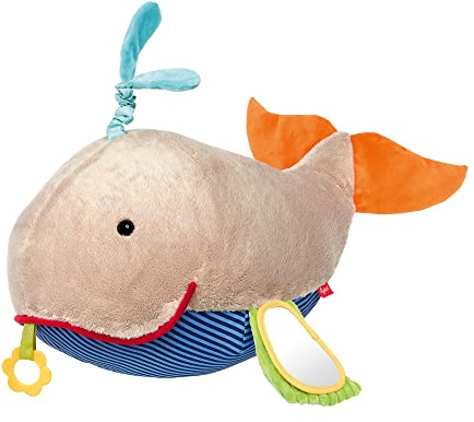 SIGIKID 42918 Babyspielzeug XXL Wal, PlayQ Lernspielzeug, Kissen-Plüschtier mit Vibrationrassel, Beißring, Rassel, Spiegel, Knisterfolie, für Babys & Kinder ab 3 Monaten, Grau/Wal 52 cm