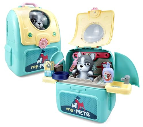 Coo11 Kids Vet Play Set with Dog Grooming Accessories Kit, Pretend Play Pet Animal Care Station Toy with Portable Backpack Carry Case, Role Play Pet Carrier Game Set for Toddlers Ages 3+