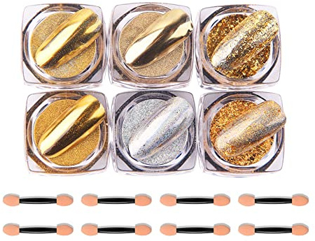 Chrom-Nagelpulver, 6 Boxen Aurora Magic Mirror Effect Nail Powder Staub Maniküre Pigmente, holografische Nagelglitzer-Pailletten für DIY Nail Art Design Dekoration (Gold)