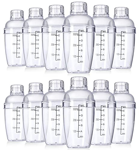 Lallisa 12 Pcs Plastic Cocktail Shaker Drink Mixer with Scales and Strainer Top Clear Shaker Cup with Measurement Plastic Mixing Tool for Tea Coffee Bubble Tea Milk(350 Cc/ 12 oz)