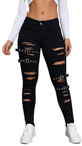 Floerns Women's Ripped Distressed High Waist Jeans Stretch Denim Pants Black 30