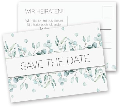 younikat 15 Stück Postkarten Set Eukalyptus Save the Date DIN A6 - dv1277 | blanko, zum Beschriften, beschreibbare Rückseite, matte Oberfläche, Wedding, Hochzeit