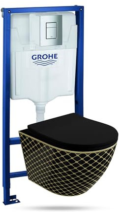 Lavita Vorwandelement Solido + Wand Hänge WC Sofi Slim Black Night Schwarz Spülrandlos + WC Sitz mit Absenkautomatik Verchromter Knopf Komplettset Unterputz Spülkasten Toilette Komplett Sett WC