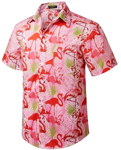 HISDERN Funky Hawaii-skjorta för män, unisex, kortärmad, framficka, semester, sommar, Aloha-tryckt strand, beige, Hawaii skjorta, S-2XL, W2-rosa, XXL