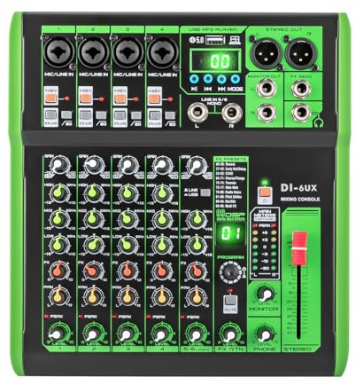 Professioneller Audio-Mischpult, DJ Mischpult mit 99 DSP Digitaleffekten USB MP3 Eingang 48V Professionelle Phantomspeisung Mikrofonvorverstärker für DJ Mixer Konsole Tonstudio (DI-6UX)