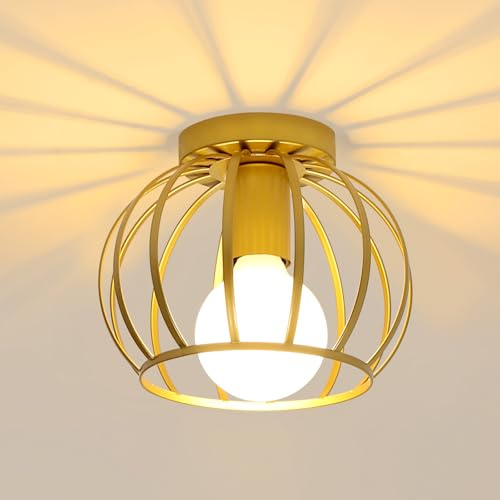 Pheashine Lámpara de Techo Dorado, Vintage Lámparas Colgante Retro, Lámpara Industrial de Metal para Pasillo, Entrada, Escaleras, Balcón, Cocina, Portalámparas E27