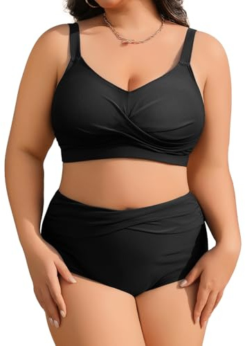 heekpek Maillot de Bain Femme 2 Pieces Grande Taille Bikini Taille Haute Col en V Maillot de Bain Ventre Plat Femme Push Up Rembourré Ensembles Maillots Deux Pièces, Noir, 3XL