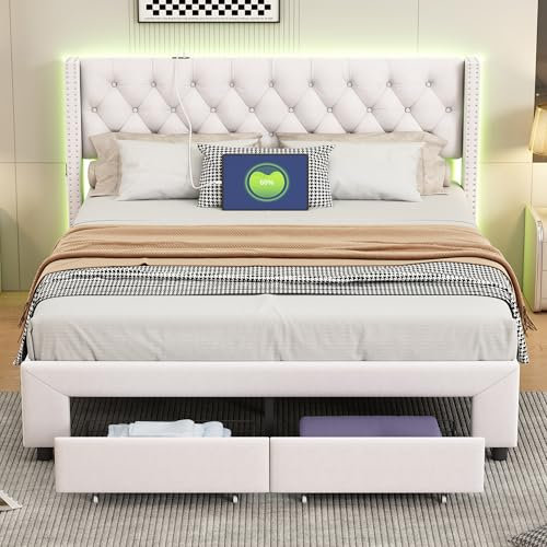 PerGar Schubladenbett 140x190 cm, Modernes Bett mit Schubladen, Nieten und LED Lichtstreifen, Beiges Samt Schubladenbett mit USB-Ladeanschlüssen und Aufbewahrungstaschen, Doppelbett (140x190cm)