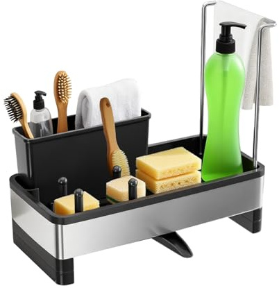 FOGARI Organizer Küche Spüle,Spülbeckenorganizer Edelstahl,Sink Organizer Spülbecken Ablage mit Abflusspfanne,Schwammhalter Spülbecken,Behälter für Küchenutensilien