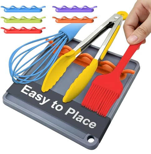 Epinovo Spoon Holder for Stove, Easy to Place 4 Slot Silicone Spoon Rest for Stove Top, Stylish Mix Color Design Fits Different Cooking Utensils, Dishwasher Safe, Gray + Orange