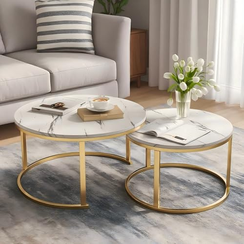 Couchtisch Rund 2er Set, 80cm & 60cm Couchtisch Marmor Optik mit Metallgestell, Moderner Wohnzimmertische und Beistelltisch Rund, Couchtische für Wohnzimmer, Schlafzimmer, Balkon (Goldene Halterung)