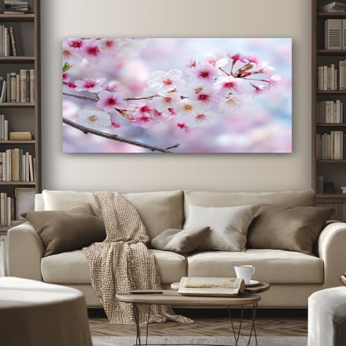 SKOEUI Moderne Impression Sur Toile Japonais Fleurs de Cerisier Tableau Decoration Murale Floral Pétale 70x140 cm Decoration Murale Salon Chambre Cuisine Horizontal Tableau Deco, Sans Cadre