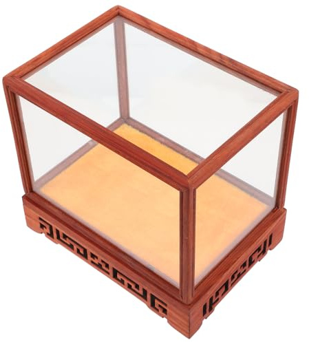 Veemoon Vitrine en Verre Transparente Multifonction Cloche et Socle en Bois Massif Rouge, 12x12x17 Cm, Boîte D'exposition et Rangement pour Objets de Collection et Décor à Domicile