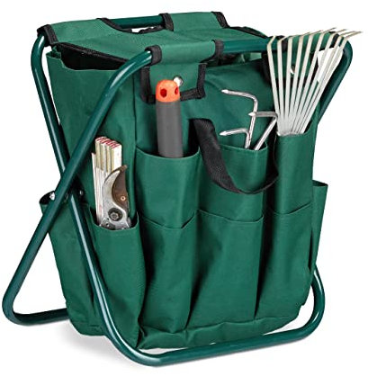 Relaxdays Sgabello con Portautensili da Giardino, Contenitore Accessori Giardinaggio, Pieghevole, 42 x 30 x 39 cm, Verde