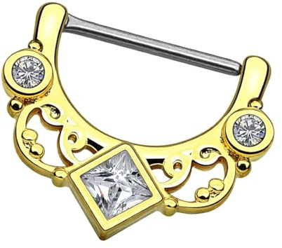 Piersando Brustwarzen Piercing Intimpiercing Nippelpiercing Brust Nippel Intim Brustwarzenpiercing Barbell Stab mit Clicker Tribal Schild Kristall Quadrat Gold