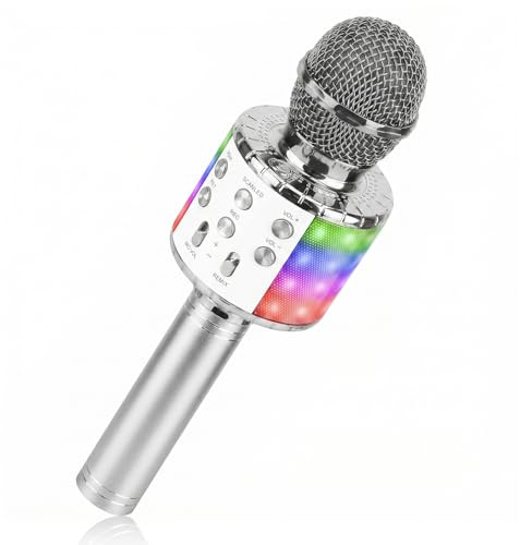 ShinePick Microphone Karaoke sans Fil, Karaoké Microphone Bluetooth Portable pour Enfants/Adultes Chanter, Compatible avec Android/iOS/PC/Smartphone (Argent)