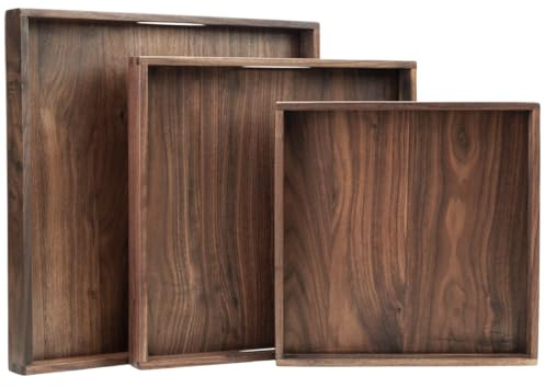 MAGIGO Lot de 3 grands plateaux ottomans en bois de noyer massif noir avec poignées, pour servir du thé, du café, plateau de service décoratif classique en bois, L + M + S