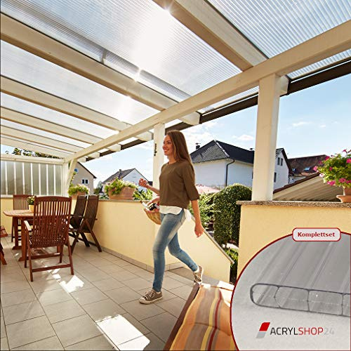 Acrylshop24 Terrassendach Terrassenüberdachung Carport Komplettset Polycarbonat 16mm 3-Fach Stegplatten farblos klar 16mm Stegplatten Tiefe:4000mm|Breite:5110mm - Mehrere Maße verfügbar