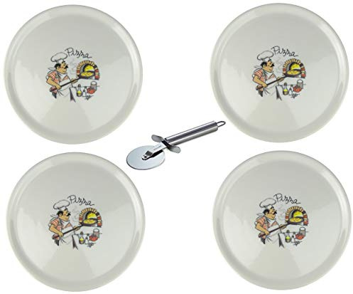 Saturnia Lot de 4 assiettes à pizza en porcelaine XXL avec différents motifs + roulette à pizza en acier inoxydable Ø 31 cm