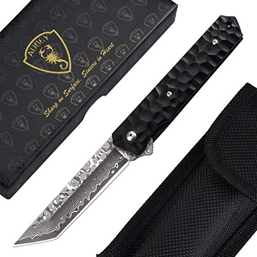 AUBEY Damast Taschenmesser, Damaststahl Tanto Klappmesser Schwarz, Damastmesser Japanischer Stil, Einhandmesser mit Flipper