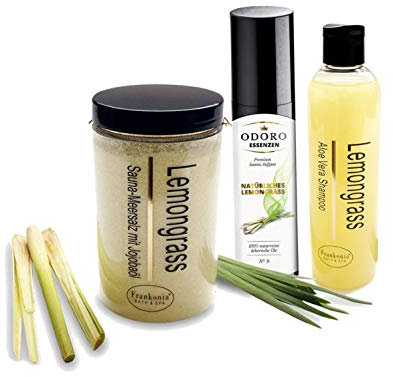 3er Sauna Set Frühlingszauber - Saunaaufguss Duft Natürliches Lemongrass von Odoro Essenzen - 100% ätherische Öle- Sauna Salz Peeling Lemongrass - Körperpeeling - Shampoo Lemongrass Aloe Vera