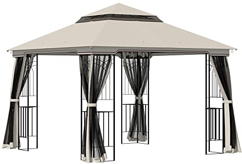 Outsunny Trädgårdspaviljong med dubbla tak paviljong trädgårdstält festtält med 4 x sidovägg metall + polyester beige 3 x 3 x 2,7 m