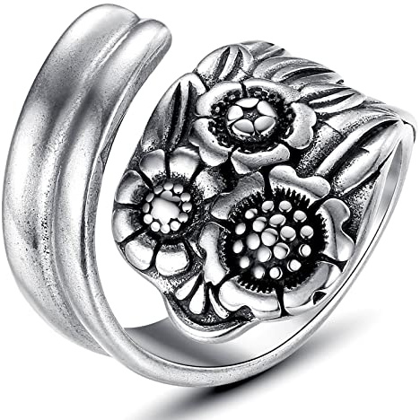 YWDREAM Vintage Silver Spoon Ring, Victorian Boho Flower Spoon Rings for Women, Adjustable Wrap Around Open Ring Statement Jewelry, Silver, No Gemstone