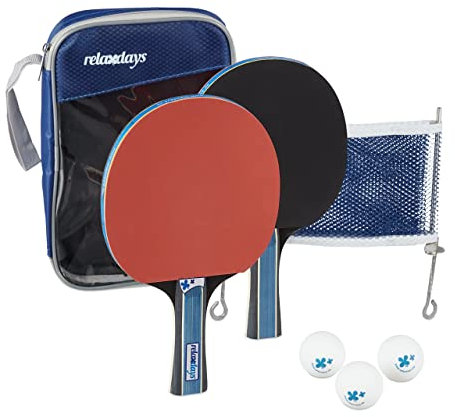 Relaxdays Set da Ping Pong, con Custodia, Rete, 3 Palline e 2 Racchette Incluse, Indoor&Outdoor, Portatile, Nero/Rosso