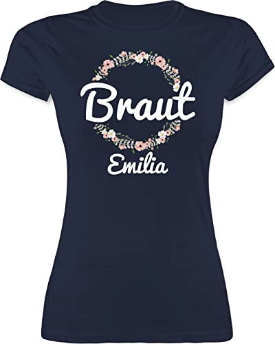 Shirt Damen personalisiert Namen - JGA Junggesellenabschied Frauen - Braut mit Blumenkranz Weiss - M - Navy Blau - Polterabend t-Shirt jubggesellinnenabschied Frau Tshirt junggesellinnenabschied