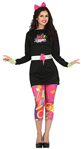 FIESTAS GUIRCA 80er-Jahre-Kostüm, schwarzes Kleid mit langen Ärmeln und rosa Leggings mit Aufdruck für Erwachsene