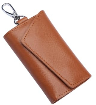 FuninCrea Key Case Leather Car Key Bag for Men and Women, Portable Keys Pouch Keys Holder with Metal Hook and Keyring (brown)