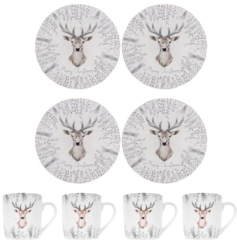 YöL Christmas Stag Dinner Set of 4 Charger Plates & 4 Mugs White And Grey Xmas Dinner Table Decor Mug Set