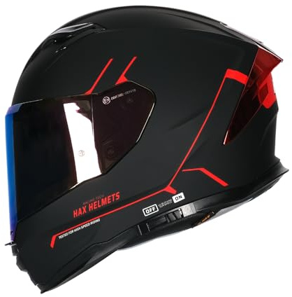 HAX Force Aerodynamic Full Face Helmet for Street & E-Bikes DOT & ECE Certified - Enhanced Dual Visor, Adult Size, Pinlock Ready Matte Black Red XXL