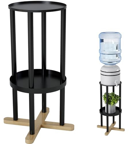 Dispensador de agua de metal con madera, soportes de agua para dispensador de botellas de 1 a 5 galones, dispensador de agua de cerámica de porcelana de dos niveles de 25 pulgadas para vasijas de agua
